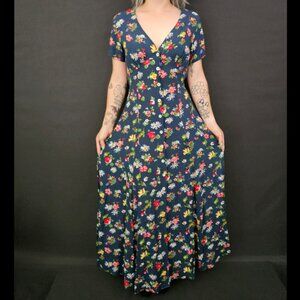 90s ESPRIT Navy Floral Button Front Maxi Dress